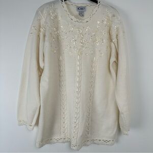 Koret Sweater Size Large White Embroidered Beaded Crocheted Trim Cottagecore